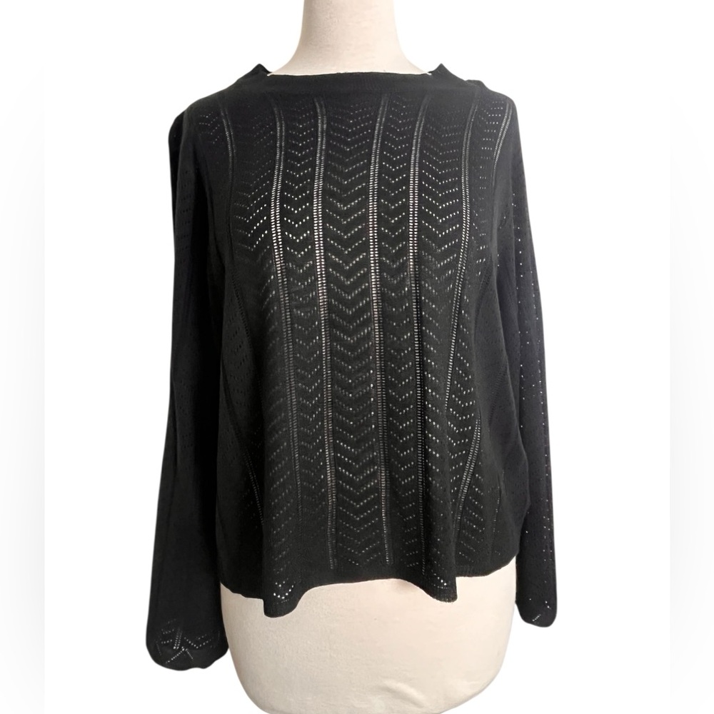 Adrianna Papell Pointelle Bell Sleeve Knit Top Black Women’s Size Large - Picture 2 of 7